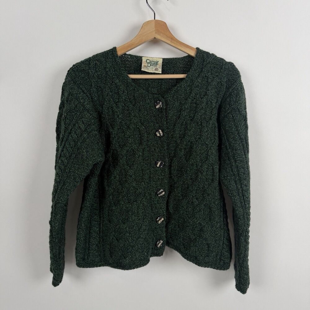 Carraig Donn Cardigan Fisherman Womens Small Dark Green Wool Cable Knit Ireland